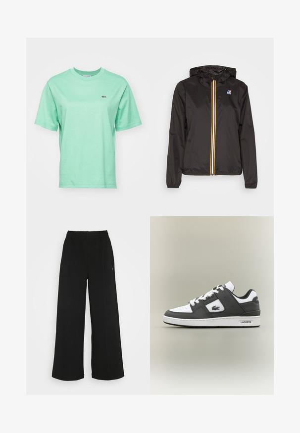 Black lightweight jacket with a hood, features a central zipper with red, yellow, and white stripes, and a logo on the left chest.; Light green cotton t-shirt with short sleeves and a crew neck, featuring a small embroidered logo on the left chest area.; Black wide-leg pants with an elastic waistband. Made from a soft, lightweight material. Features vertical seams along the front.; Black and white Lacoste sneaker with white laces, perforated toe, crocodile logo on side, and branded sole on a neutral background.