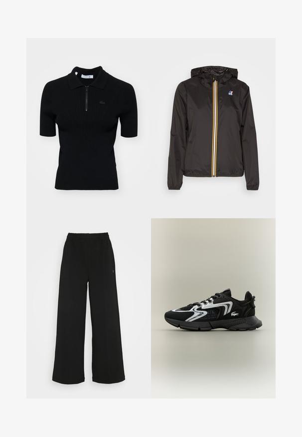 Črna lahka jakna z kapuco, ima osrednji zadrgo z rdečimi, rumenimi in belimi črtami ter logotipom na levi prsni strani.; Črna polo majica z rebrasto teksturo, kratkimi rokavi, zadrgo pri ovratniku in subtilno detajl logo. Narejena iz teksturiranega pletenega materiala.; Črne široke hlače s elastičnim pasom. Narejene so iz mehkega, lahko materiala. Imajo vertikalne šive spredaj.; Črne atletske čevlje z mrežnimi paneli, srebrnimi akcenti in teksturiranimi črnimi prekritji. Imajo vezalke in ukrivljen, trpežen podplat.