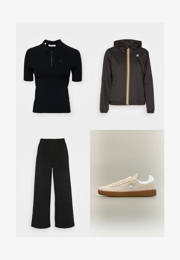 Melnā vieglā jaka ar cepuri, centrāla rāvējslēdzis ar sarkaniem, dzelteniem un baltiem svītrām, un logo uz kreisā krūšu kabatā.; Melnā ribiņota polo krekla ar īsām piedurknēm, ar rāvējslēdzēja apkakli un smalku logotipa detaļu. Izgatavots no teksturēta adījuma materiāla.; Melni platās bikses ar elastīgu jostu. Izgatavotas no mīksta, viegla materiāla. Iezīmē vertikālas šuves gar priekšpusi.; Beige zamšas čības ar baltām akcentiem un gumijas zoli. Ir paaugstināts logo sānos un kontrastējošas beige krāsas šņores. Klasisks dizains.