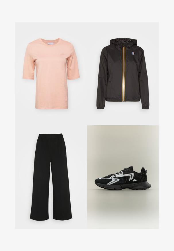 Zwarte lichtgewicht jacket met een capuchon, heeft een centrale rits met rode, gele en witte strepen, en een logo op de linkerkant van de borst.; Perzikkleurig T-shirt met korte mouwen van zacht katoen, met een ronde halslijn en een klein geborduurd logo op de borst.; Zwarte wijde broek met een elastische tailleband. Gemaakt van een zachte, lichte stof. Heeft verticale naden aan de voorkant.; Zwarte sportschoenen met gaaspanelen, zilveren accenten en gestructureerde zwarte overlays. Voorzien van veters en een gebogen, stevige buitenzool.