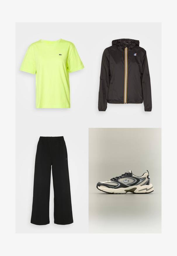 Zwarte lichtgewicht jacket met een capuchon, heeft een centrale rits met rode, gele en witte strepen, en een logo op de linkerkant van de borst.; Lacoste T-shirt basic - firefly; Zwarte wijde broek met een elastische tailleband. Gemaakt van een zachte, lichte stof. Heeft verticale naden aan de voorkant.; Zwarte en beige mesh sneakers hebben een gewatteerde kraag, een gestructureerd bovenwerk en een opvallend logo aan de zijkant. Slanke vormgeving met een gebogen zool.