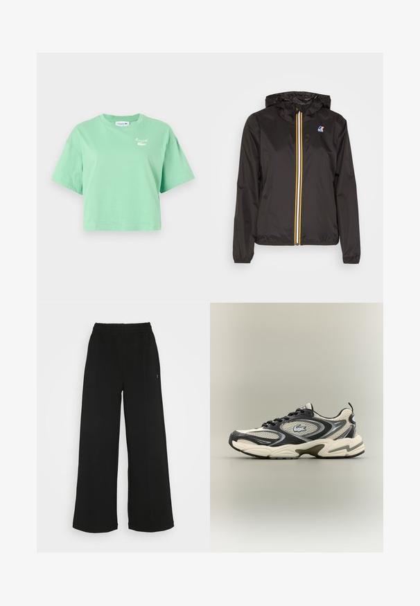 Sort letvægtsjakke med hætte, har en central lynlås med røde, gule og hvide striber, samt et logo på venstre bryst.; Mintgrøn cropped t-shirt lavet af bomuld, med korte ærmer og rund halsudskæring. Den har et hvidt Lacoste-logo på brystet.; Sorte brede bukser med elastisk talje. Fremstillet af et blødt, let materiale. Har lodrette syninger foran.; Sorte og beige mesh sneakers har en polstret krave, tekstureret overdel og en fremtrædende logo på siden. Slank design med bøjet sål.