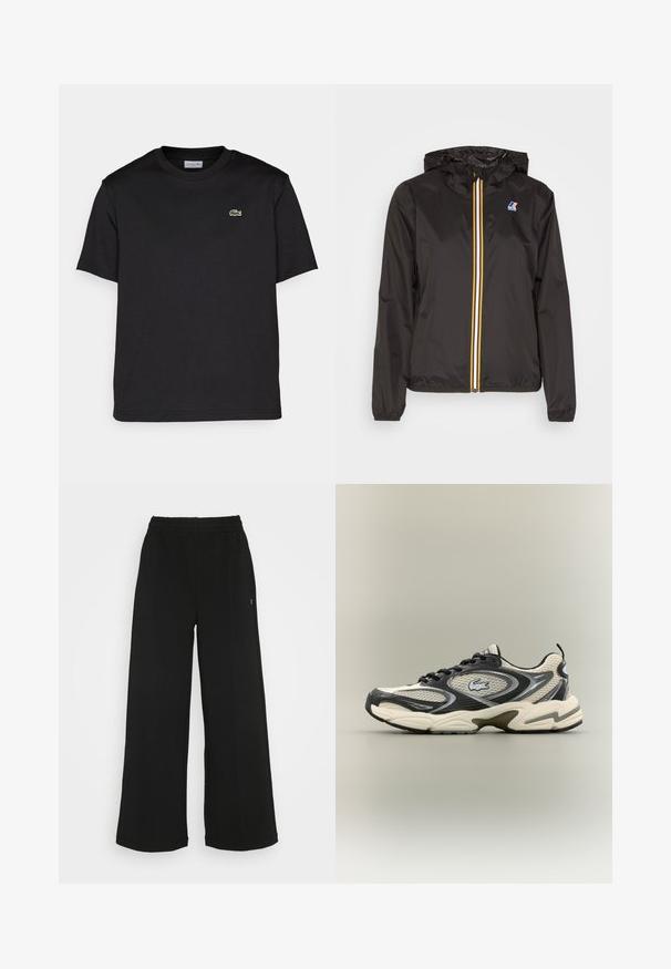 Black lightweight jacket with a hood, features a central zipper with red, yellow, and white stripes, and a logo on the left chest.; Black cotton t-shirt with a round neckline, short sleeves, and a small green embroidered logo on the left chest. Simple design.; Black wide-leg pants with an elastic waistband. Made from a soft, lightweight material. Features vertical seams along the front.; Black and beige mesh sneakers feature a padded collar, textured upper, and prominent logo on the side. Sleek design with curved sole.