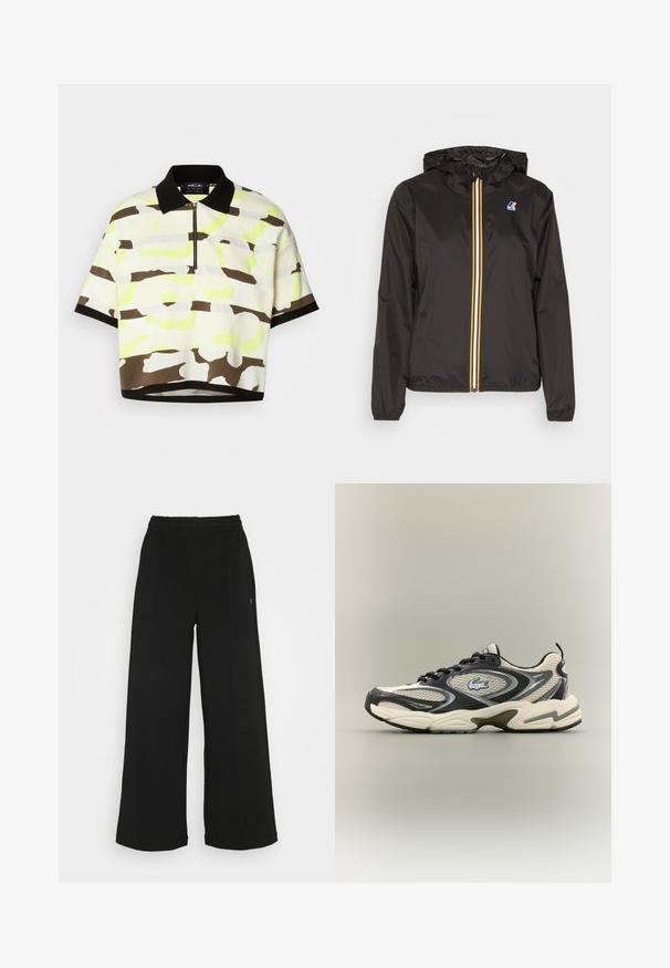 Chaqueta ligera negra con capucha, presenta una cremallera central con rayas rojas, amarillas y blancas, y un logo en el lado izquierdo del pecho.; Polo de manga corta en una tela ligera con un patrón abstracto en amarillo brillante, marrón y gris, con un cuello negro y cierre de cremallera.; Pantalones anchos negros con una cintura elástica. Están hechos de un material suave y ligero. Presentan costuras verticales en la parte delantera.; Las zapatillas de malla negras y beige cuentan con un collar acolchado, una parte superior texturizada y un logotipo destacado en el lateral. Diseño elegante con suela curvada.