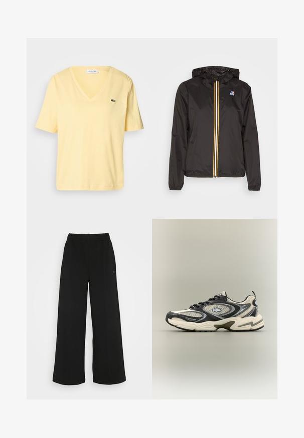 Fekete, könnyű dzseki kapucnival, középső cipzárral, piros, sárga és fehér csíkokkal, valamint logóval a bal mellen.; Sárga pamut póló rövid ujjakkal, V-nyakkivágással és egy kis zöld Lacoste logóval a bal mellrészen. Simaság és egyszerű stílus jellemzi.; Fekete, bőszárú nadrág rugalmas derékrésszel. Puha, könnyű anyagból készült. Elülső részén vertikális varrásokkal rendelkezik.; Fekete és bézs hálós sportcipők párnázott bokával, texturált felsőrésszel és kiemelkedő logóval az oldalon. Elegáns dizájn, ívelt talppal.