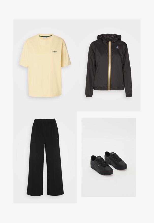 Giacca leggera nera con cappuccio, dotata di una zip centrale con strisce rosse, gialle e bianche, e un logo sul petto sinistro.; T-shirt in cotone giallo con vestibilità rilassata, maniche corte e logo ricamato verde sul lato sinistro del petto. Texture liscia, colletto a giro.; Pantaloni neri a gamba larga con vita elasticizzata. Realizzati in un materiale morbido e leggero. Presentano cuciture verticali sul davanti.; Sneakers basse nere realizzate in materiale morbido, con lacci spessi, una suola testurizzata e un piccolo logo sul lato e sulla linguetta.