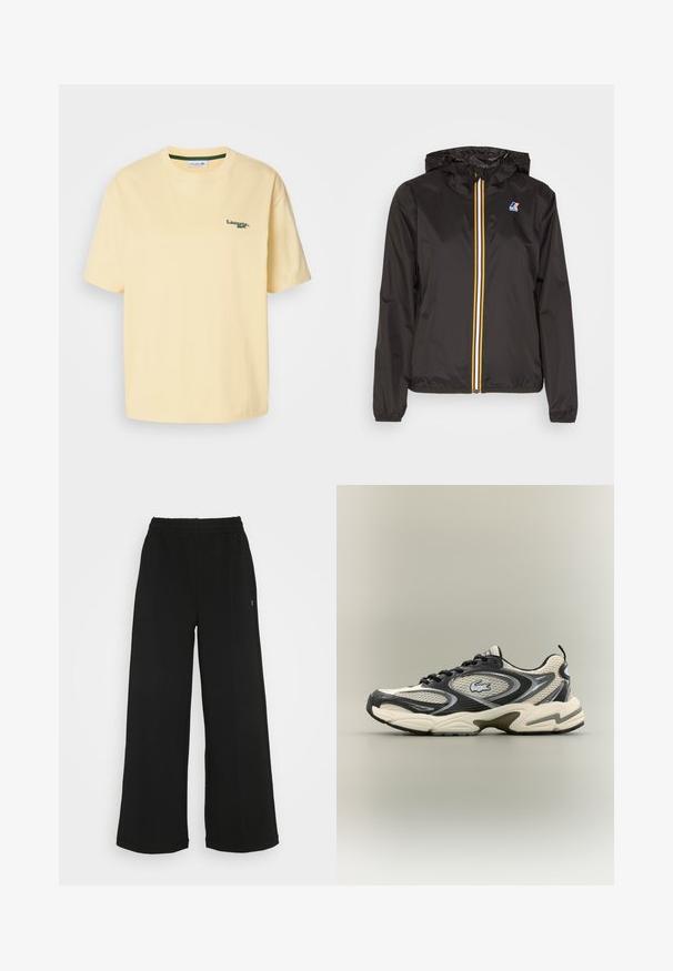 Melnā vieglā jaka ar cepuri, centrāla rāvējslēdzis ar sarkaniem, dzelteniem un baltiem svītrām, un logo uz kreisā krūšu kabatā.; Dzeltena kokvilnas T-krekls ar brīvu piegriezumu, īsām piedurknēm un zaļu izšūtu logo kreisajā krūtīs. Gluda tekstūra, apaļā kakla izgriezums.; Melni platās bikses ar elastīgu jostu. Izgatavotas no mīksta, viegla materiāla. Iezīmē vertikālas šuves gar priekšpusi.; Melnas un bēšas režģa kedas ar mīkstinātu apkakli, teksturētu augšdaļu un izteiktu logo uz sāna. Sleek dizains ar izliekta zoli.