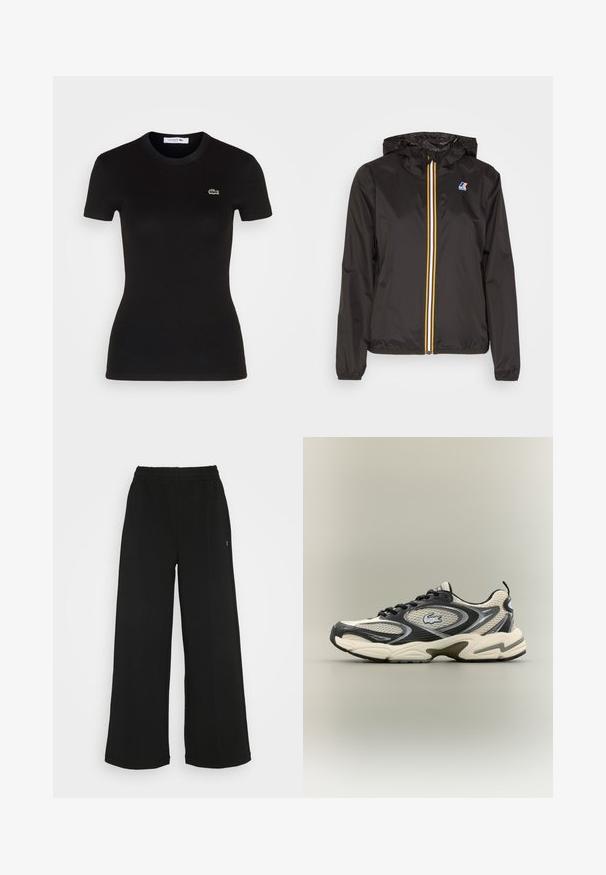 Melnā vieglā jaka ar cepuri, centrāla rāvējslēdzis ar sarkaniem, dzelteniem un baltiem svītrām, un logo uz kreisā krūšu kabatā.; Melna ribota T-krekla ar īsām piedurknēm un apaļu kakla izgriezumu, kurā kreisajā krūtī ir neliels zaļš Lacoste krokodila logo.; Melni platās bikses ar elastīgu jostu. Izgatavotas no mīksta, viegla materiāla. Iezīmē vertikālas šuves gar priekšpusi.; Melnas un bēšas režģa kedas ar mīkstinātu apkakli, teksturētu augšdaļu un izteiktu logo uz sāna. Sleek dizains ar izliekta zoli.