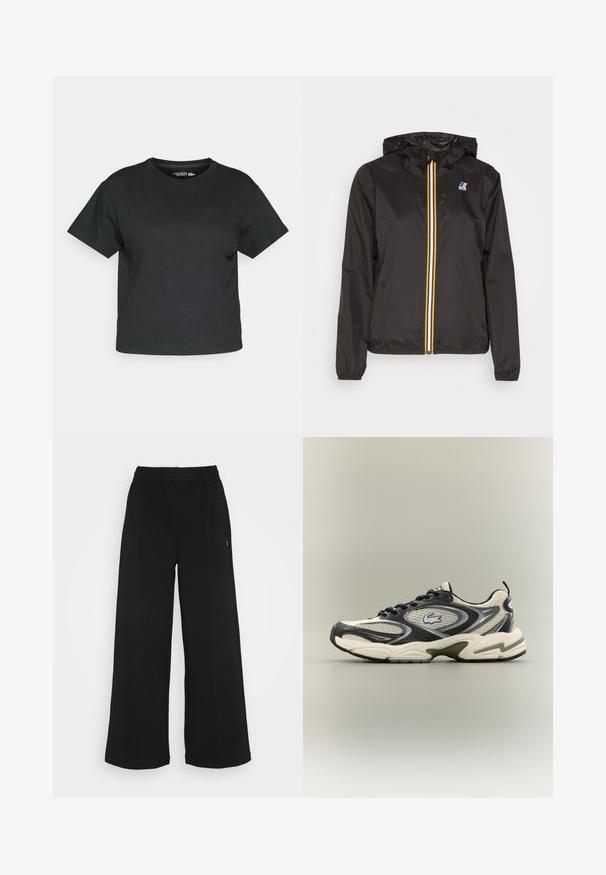 Must värvitud kerge jope kapuutsiga, millel on keskmine luku ja punased, kollased ning valged triibud, samuti logo vasakul rinnal.; Must have musta sisse lõigatud T-särk, millel on pehme kangas. Lühikesed varrukad, ümmargune kaelus ja tagasihoidlik logo ees. Sirge serv, minimaalne disain.; Mustad laiad püksid elastse vöökohtaga. Valmistatud pehmest ja kergest materjalist. Ees on vertikaalsed õmblused.; Musthave ja beezid võrkmaterjalist tossud, millel on polsterdatud krae, tekstuuriga pealmine osa ja silmapaistev logo külgedel. Sujuv disain kumerate tallaga.