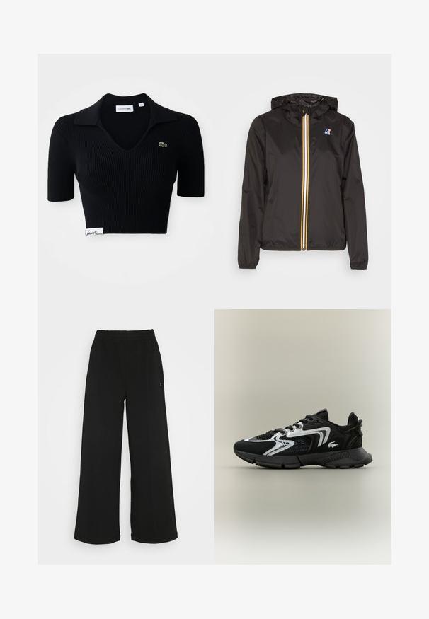 Svart lett jakke med hette, har en sentral glidelås med røde, gule og hvite striper, samt en logo på venstre bryst.; Svart kortermet polo-shirt laget av ribbestrikket stoff med V-hals, korte ermer og en grønn brodert logo på venstre bryst. Hvit etikett i kanten.; Svarte vide bukser med elastisk midjebånd. Laget av et mykt og lett materiale. Har vertikale sømmer langs fronten.; Svarte sportsko med nettpaneler, sølvdetaljer og teksturerte svarte overlegg. Har lisser og en buet, robust såle.