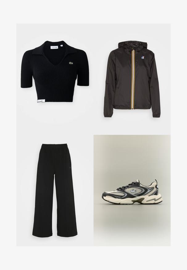 Czarna, lekka kurtka z kapturem, z centralnym zamkiem błyskawicznym z czerwonymi, żółtymi i białymi paskami oraz logo na lewym piersi.; Czarny krótki polo z rypsowej tkaniny z dekoltem w kształcie V, krótkimi rękawami i zielonym haftowanym logo po lewej stronie klatki piersiowej. Biała metka u dołu.; Czarne spodnie o szerokich nogawkach z elastycznym pasem. Wykonane z miękkiego, lekkiego materiału. Posiada pionowe szwy na przodzie.; Czarno-beżowe siateczkowe sneakersy mają wyściełany kołnierz, teksturowaną cholewkę oraz wyraźne logo z boku. Smukły design z zaokrągloną podeszwą.