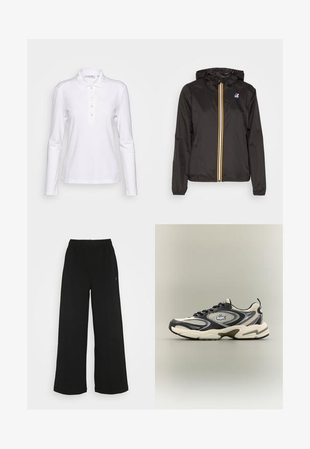 Schwarze leichte Jacke mit Kapuze, verfügt über einen zentralen Reißverschluss mit roten, gelben und weißen Streifen sowie einem Logo auf der linken Brust.; Weißes Langarm-Polohemd aus Baumwollmischung, mit Knopfleiste und kleinem, gesticktem Logo auf der Brust. Sanfte Textur.; Schwarze weit geschnittene Hose mit einem elastischen Bund. Hergestellt aus einem weichen, leichten Material. Mit vertikalen Nähten an der Vorderseite.; Schwarze und beige Mesh-Sneaker mit gepolstertem Kragen, strukturiertem Obermaterial und auffälligem Logo an der Seite. Elegantes Design mit geschwungenem Sohlenverlauf.