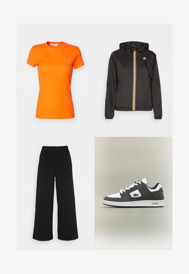 Svart lett jakke med hette, har en sentral glidelås med røde, gule og hvite striper, samt en logo på venstre bryst.; Lacoste T-shirts - buoy; Svarte vide bukser med elastisk midjebånd. Laget av et mykt og lett materiale. Har vertikale sømmer langs fronten.; Svart og hvit Lacoste-sneaker med hvite snøringer, perforert tå, krokodillelogo på siden, og merket såle på en nøytral bakgrunn.