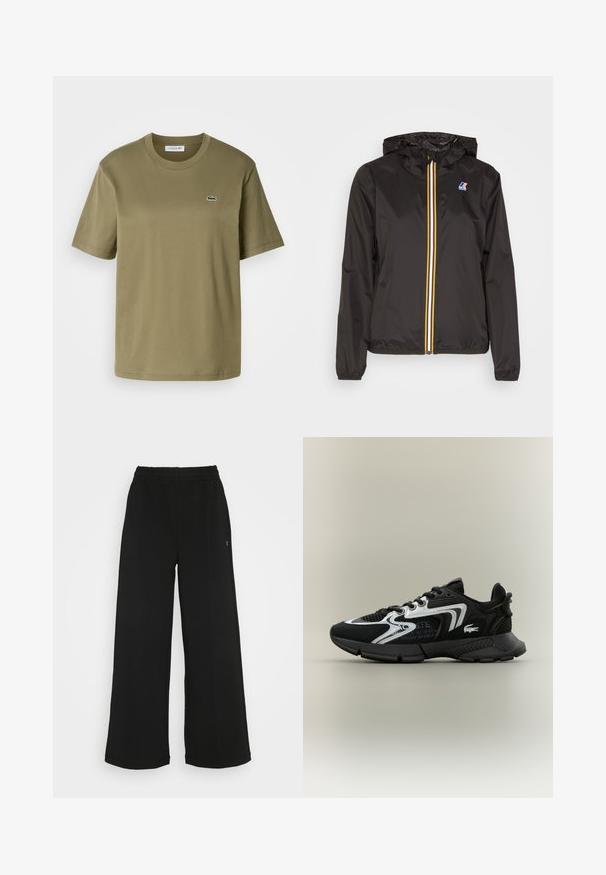 Melnā vieglā jaka ar cepuri, centrāla rāvējslēdzis ar sarkaniem, dzelteniem un baltiem svītrām, un logo uz kreisā krūšu kabatā.; Olīvu zaļas kokvilnas t-kreklu ar īsām piedurknēm, apaļu kakla izgriezumu un mazu izšūtu krokodilu logotipu kreisajā krūtī.; Melni platās bikses ar elastīgu jostu. Izgatavotas no mīksta, viegla materiāla. Iezīmē vertikālas šuves gar priekšpusi.; Melni sporta apavi ar sietiņa ieliktņiem, sudraba akcentiem un struktūru melnā krāsā. Īpaši iezīmes - šņorītes un izliekta, izturīga zole.