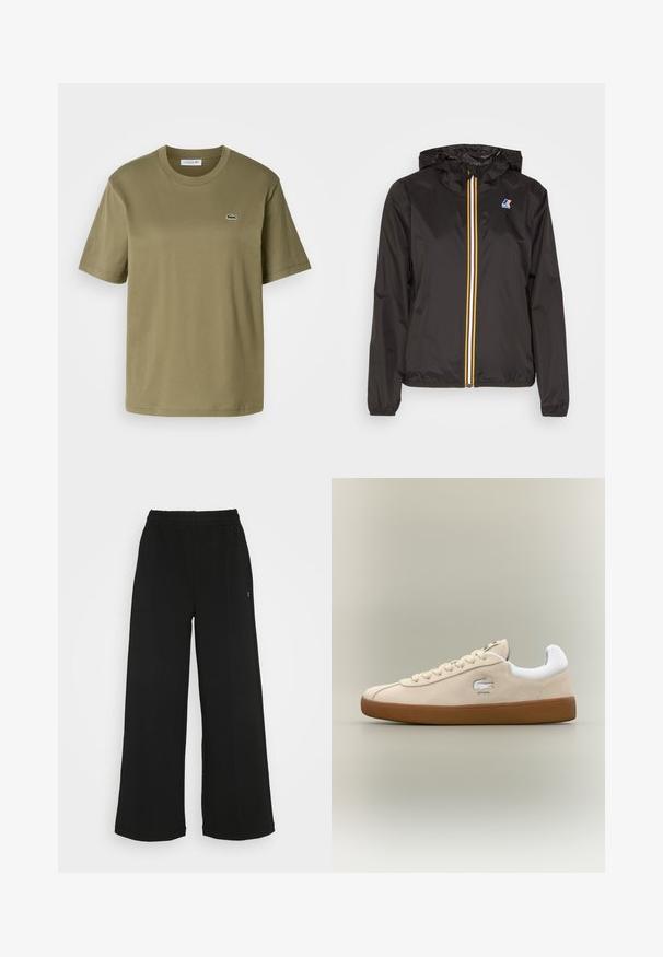 Fekete, könnyű dzseki kapucnival, középső cipzárral, piros, sárga és fehér csíkokkal, valamint logóval a bal mellen.; Olíva zöld pamut póló rövid ujjakkal, kerek nyakkivágással, és egy kis hímzett krokodil logóval a bal mellen.; Fekete, bőszárú nadrág rugalmas derékrésszel. Puha, könnyű anyagból készült. Elülső részén vertikális varrásokkal rendelkezik.; Beige velúr sportcipő fehér részletekkel és gumitalppal. Oldalán kiemelkedő logóval és kontrasztos bézs fűzőkkel rendelkezik. Klasszikus dizájn.