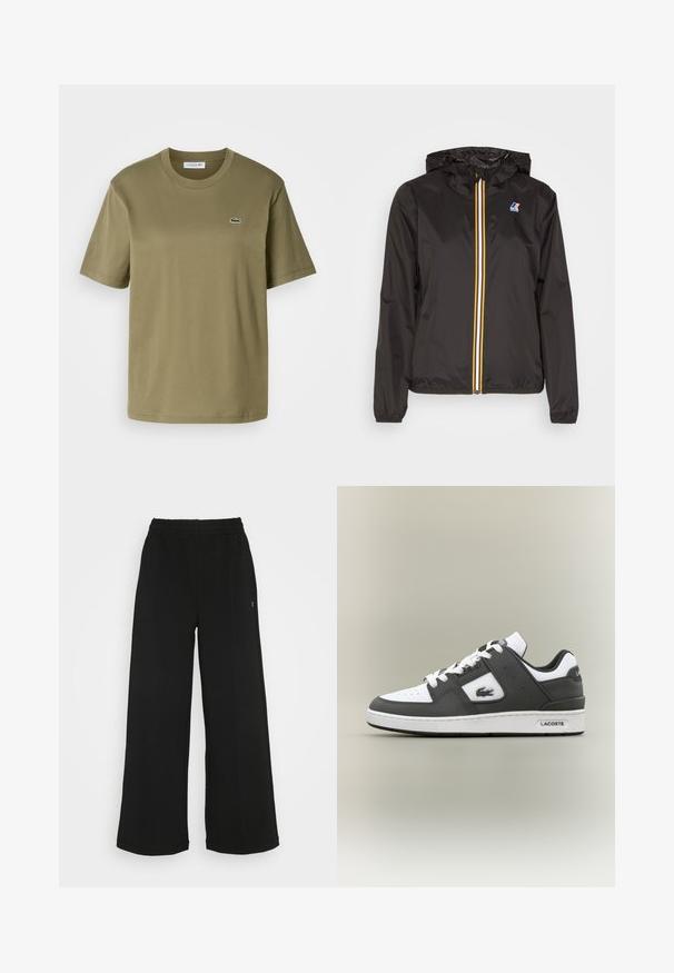 Black lightweight jacket with a hood, features a central zipper with red, yellow, and white stripes, and a logo on the left chest.; Olive green cotton t-shirt with short sleeves, crew neckline, and a small embroidered crocodile logo on the left chest.; Black wide-leg pants with an elastic waistband. Made from a soft, lightweight material. Features vertical seams along the front.; Black and white Lacoste sneaker with white laces, perforated toe, crocodile logo on side, and branded sole on a neutral background.