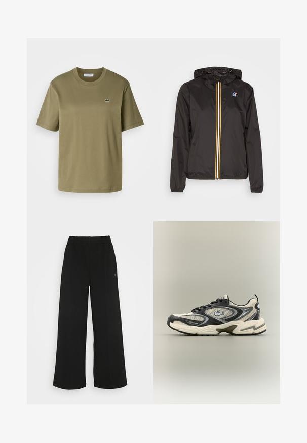 Melnā vieglā jaka ar cepuri, centrāla rāvējslēdzis ar sarkaniem, dzelteniem un baltiem svītrām, un logo uz kreisā krūšu kabatā.; Olīvu zaļas kokvilnas t-kreklu ar īsām piedurknēm, apaļu kakla izgriezumu un mazu izšūtu krokodilu logotipu kreisajā krūtī.; Melni platās bikses ar elastīgu jostu. Izgatavotas no mīksta, viegla materiāla. Iezīmē vertikālas šuves gar priekšpusi.; Melnas un bēšas režģa kedas ar mīkstinātu apkakli, teksturētu augšdaļu un izteiktu logo uz sāna. Sleek dizains ar izliekta zoli.