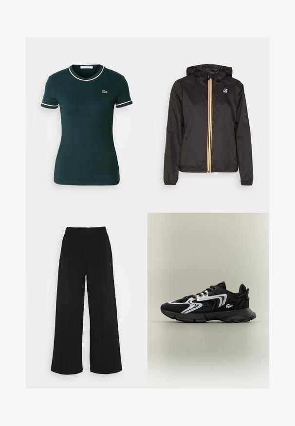 Black lightweight jacket with a hood, features a central zipper with red, yellow, and white stripes, and a logo on the left chest.; Dark green short-sleeve t-shirt, fitted design, with white trim on the collar and sleeves, featuring a small Lacoste logo on the chest.; Black wide-leg pants with an elastic waistband. Made from a soft, lightweight material. Features vertical seams along the front.; Black athletic shoes with mesh panels, silver accents, and textured black overlays. Features laces and a curved, sturdy outsole.