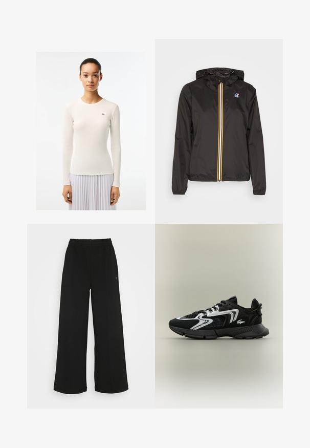 Zwarte lichtgewicht jacket met een capuchon, heeft een centrale rits met rode, gele en witte strepen, en een logo op de linkerkant van de borst.; Witte lange mouwen top met een geribbelde textuur en ronde halslijn, met een klein groen logo aan de linkerzijde. Gladde stoffen afwerking.; Zwarte wijde broek met een elastische tailleband. Gemaakt van een zachte, lichte stof. Heeft verticale naden aan de voorkant.; Zwarte sportschoenen met gaaspanelen, zilveren accenten en gestructureerde zwarte overlays. Voorzien van veters en een gebogen, stevige buitenzool.