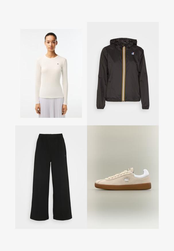 Schwarze leichte Jacke mit Kapuze, verfügt über einen zentralen Reißverschluss mit roten, gelben und weißen Streifen sowie einem Logo auf der linken Brust.; Weißes Langarmoberteil mit gerippter Textur und rundem Ausschnitt, mit einem kleinen grünen Logo auf der linken Seite. Glatte Stoffoberfläche.; Schwarze weit geschnittene Hose mit einem elastischen Bund. Hergestellt aus einem weichen, leichten Material. Mit vertikalen Nähten an der Vorderseite.; Beige Wildlederschuh mit weißen Akzenten und Gummisohle. Besitzt ein erhabenes Logo an der Seite und kontrastierende beige Schnürsenkel. Klassisches Design.
