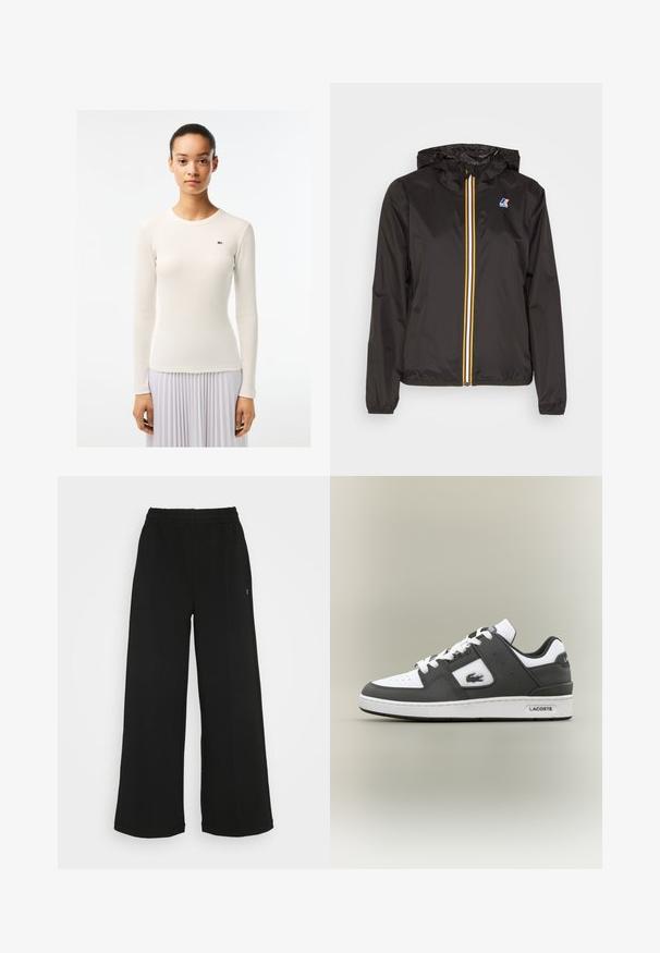 Zwarte lichtgewicht jacket met een capuchon, heeft een centrale rits met rode, gele en witte strepen, en een logo op de linkerkant van de borst.; Witte lange mouwen top met een geribbelde textuur en ronde halslijn, met een klein groen logo aan de linkerzijde. Gladde stoffen afwerking.; Zwarte wijde broek met een elastische tailleband. Gemaakt van een zachte, lichte stof. Heeft verticale naden aan de voorkant.; Zwart-witte Lacoste sneaker met witte veters, geperforeerde neus, krokodillogo aan de zijkant en merksol op een neutrale achtergrond.