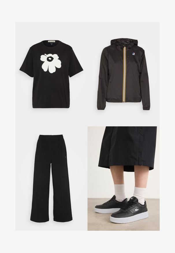 Zwarte lichtgewicht jacket met een capuchon, heeft een centrale rits met rode, gele en witte strepen, en een logo op de linkerkant van de borst.; Zwarte katoenen T-shirt met een groot wit bloemdesign op de voorkant, korte mouwen en een losse pasvorm. Label zichtbaar bij de hals.; Zwarte wijde broek met een elastische tailleband. Gemaakt van een zachte, lichte stof. Heeft verticale naden aan de voorkant.; Zwarte leren sneakers met een witte rubberen zool, voorzien van een logo aan de zijkant, ronde neus en zwarte veters. Draagt met witte sokken.