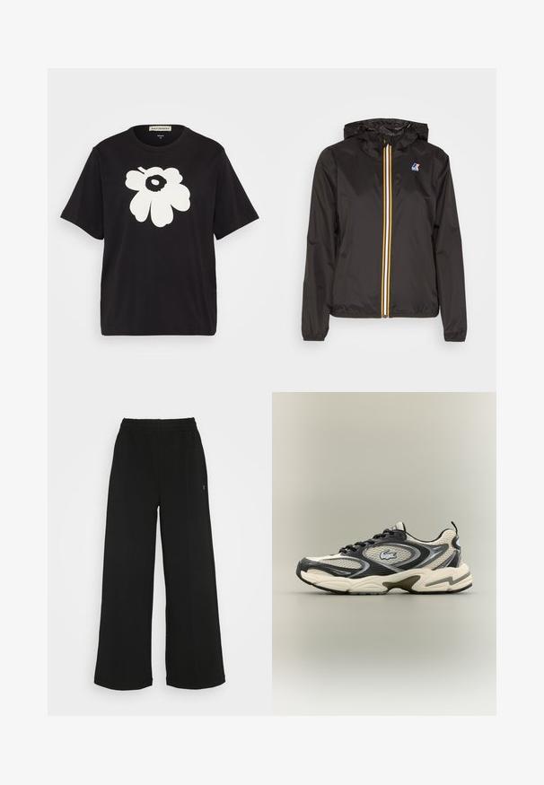 Zwarte lichtgewicht jacket met een capuchon, heeft een centrale rits met rode, gele en witte strepen, en een logo op de linkerkant van de borst.; Zwarte katoenen T-shirt met een groot wit bloemdesign op de voorkant, korte mouwen en een losse pasvorm. Label zichtbaar bij de hals.; Zwarte wijde broek met een elastische tailleband. Gemaakt van een zachte, lichte stof. Heeft verticale naden aan de voorkant.; Zwarte en beige mesh sneakers hebben een gewatteerde kraag, een gestructureerd bovenwerk en een opvallend logo aan de zijkant. Slanke vormgeving met een gebogen zool.