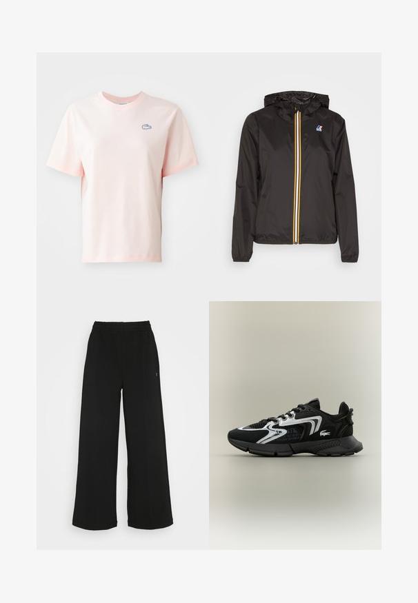 Black lightweight jacket with a hood, features a central zipper with red, yellow, and white stripes, and a logo on the left chest.; Light pink cotton t-shirt with a round neckline, short sleeves, and a small blue crocodile logo on the left chest.; Black wide-leg pants with an elastic waistband. Made from a soft, lightweight material. Features vertical seams along the front.; Black athletic shoes with mesh panels, silver accents, and textured black overlays. Features laces and a curved, sturdy outsole.