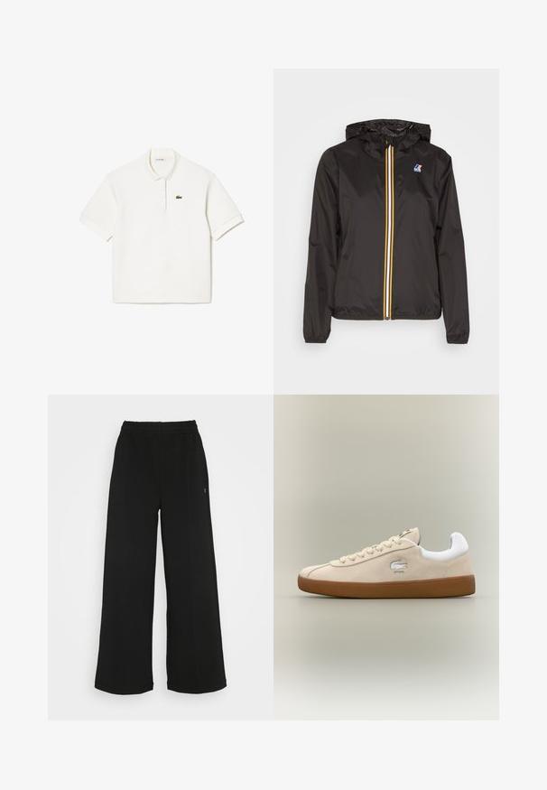Czarna, lekka kurtka z kapturem, z centralnym zamkiem błyskawicznym z czerwonymi, żółtymi i białymi paskami oraz logo na lewym piersi.; Biała koszulka polo wykonana z bawełny, z kołnierzykiem typu stójka, krótkimi rękawami i małym, zielonym haftowanym logo krokodyla po lewej stronie klatki piersiowej.; Czarne spodnie o szerokich nogawkach z elastycznym pasem. Wykonane z miękkiego, lekkiego materiału. Posiada pionowe szwy na przodzie.; Beżowe zamszowe sneakersy z białymi akcentami i gumową podeszwą. Posiadają podniesione logo z boku oraz kontrastujące beżowe sznurowadła. Klasyczny design.