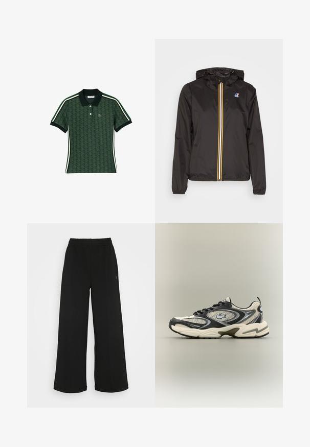 Czarna, lekka kurtka z kapturem, z centralnym zamkiem błyskawicznym z czerwonymi, żółtymi i białymi paskami oraz logo na lewym piersi.; Zielona koszulka polo z geometrycznym wzorem, z kontrastującym ciemnym kołnierzykiem i białymi paskami po bokach. Guziki i logo na klatce piersiowej.; Czarne spodnie o szerokich nogawkach z elastycznym pasem. Wykonane z miękkiego, lekkiego materiału. Posiada pionowe szwy na przodzie.; Czarno-beżowe siateczkowe sneakersy mają wyściełany kołnierz, teksturowaną cholewkę oraz wyraźne logo z boku. Smukły design z zaokrągloną podeszwą.