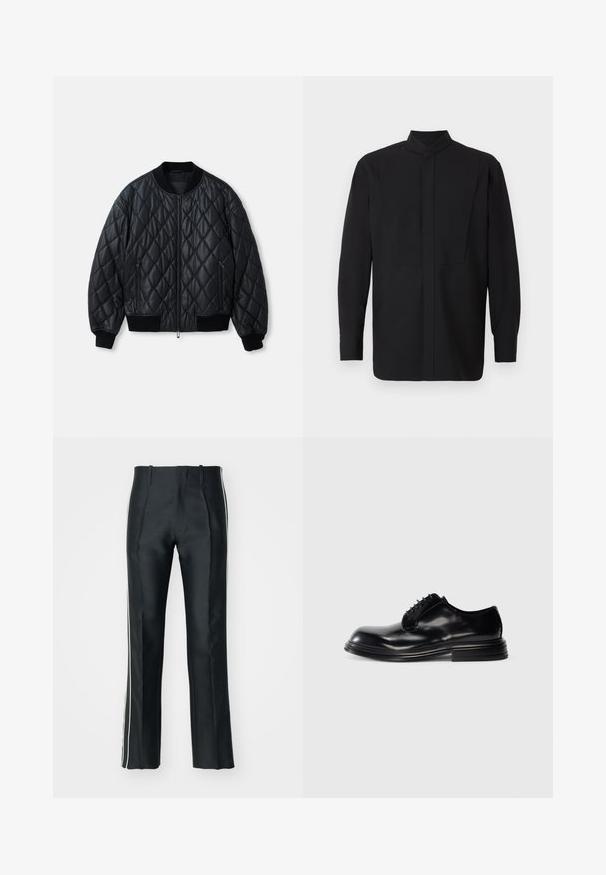Juodas paklijuotas bomberis su apvaliomis apykaklėmis, priekiniu užtrauktuku ir perdirbto megztinio rankogaliais bei apačia. Pagamintas iš lygaus, lengvo medžiagos.; Juoda ilgomis rankovėmis marškinėliai su aukštu apykakle, tiesaus kirpimo ir minimalistinio dizaino. Audinys atrodo lygus ir struktūruotas.; Juodos satino kelnės su pritaikytu siluetu, turinčios baltas šonines juostas. Sukurtos su plačiomis kojomis ir priekiniais klostėmis, kad būtų pridėta detalė.; Juodas odinis batų modelis su apvalia nosimi, lygia apdaila, raišteliu surišimu ir sudėtingu kulnu. Minimalistinis stilius be išorinių logotipų.