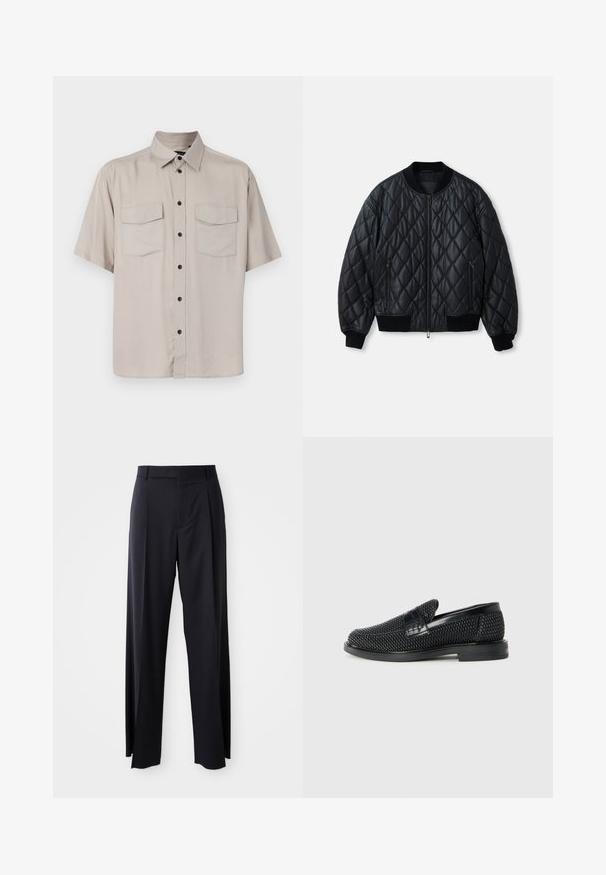 Must/kihisega bomber-jakk mustas värvitoonis, ümarate kaelustega, ees lukuga ning ribakootud mansettide ja alläärega. Valmistatud siledast, kergekaalulisest materjalist.; Lühi varrukatega hebež beige nööpidega särk, millel on krae, kaks klapiga taskut ja mustad nööbid ees. Sile, tekstuuri puuduv kangas.; Mustad, kõrge vöökohtaga püksid laia säärte lõikega, valmistatud siledast kangast. Omab ees plekke ja vöörihmade jaoks silmuseid. Minimalistlik disain, nähtavat riistvara pole.; Must musta kootud slip-on king, millel on pehme nahast accent ülaserval, ümmargune varvas ja madal profiiliga kummitald.