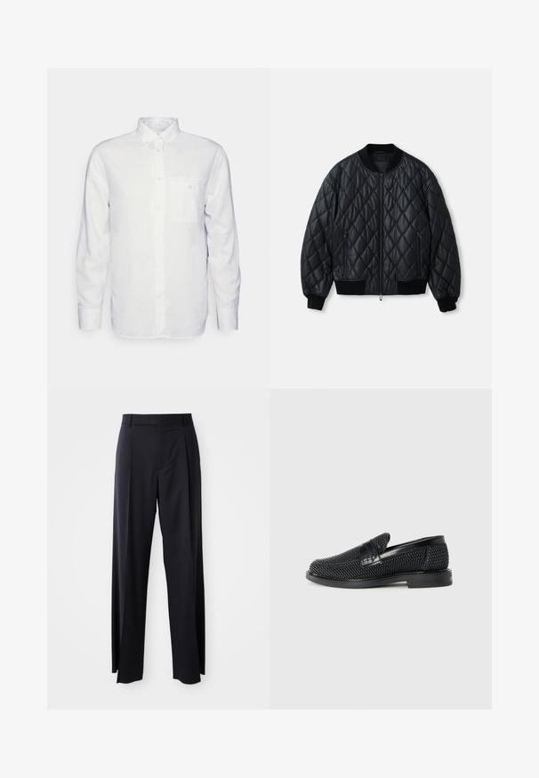 Zwarte gewatteerde bomberjack met een ronde halslijn, voorritssluiting en ribgebreide manchetten en zoom. Gemaakt van glad, lichtgewicht materiaal.; Witte longsleeve shirt van katoen, met een button-down kraag, een voorzak en een regular fit. Textuurstof met een gladde oppervlakte.; Zwarte, hooggewaisted broeken met een brede pijp, gemaakt van een gladde stof. Voorzien van voorkanten met plooien en riemlussen. Minimalistisch ontwerp, geen zichtbare hardware.; Zwartegeweven instap schoenen met een glad leren accent aan de bovenkant, een ronde neusontwerp en een laag profiel rubberen zool.