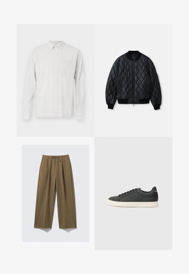 Schwarze, gesteppte Bomberjacke mit rundem Halsausschnitt, Frontreißverschluss und gerippten Strickbündchen sowie Saum. Hergestellt aus glattem, leichtem Material.; Langärmliges Hemd mit Knöpfen in Hellgrau mit einem strukturierten Karomuster, einer Brusttasche und einem klassischen Kragen. Hergestellt aus gewebtem Stoff.; Weite Hosen in Olivgrün, hergestellt aus weichem Stoff mit einem elastischen Bund und verstellbarem Kordelzug. Mit zwei Seitentaschen.; Schwarze Ledersneaker mit niedrigem Profil, abgerundeter Zehe und Schnürverschluss; ausgestattet mit einer strukturierten Gummisohle und Logo-Detail an der Ferse.