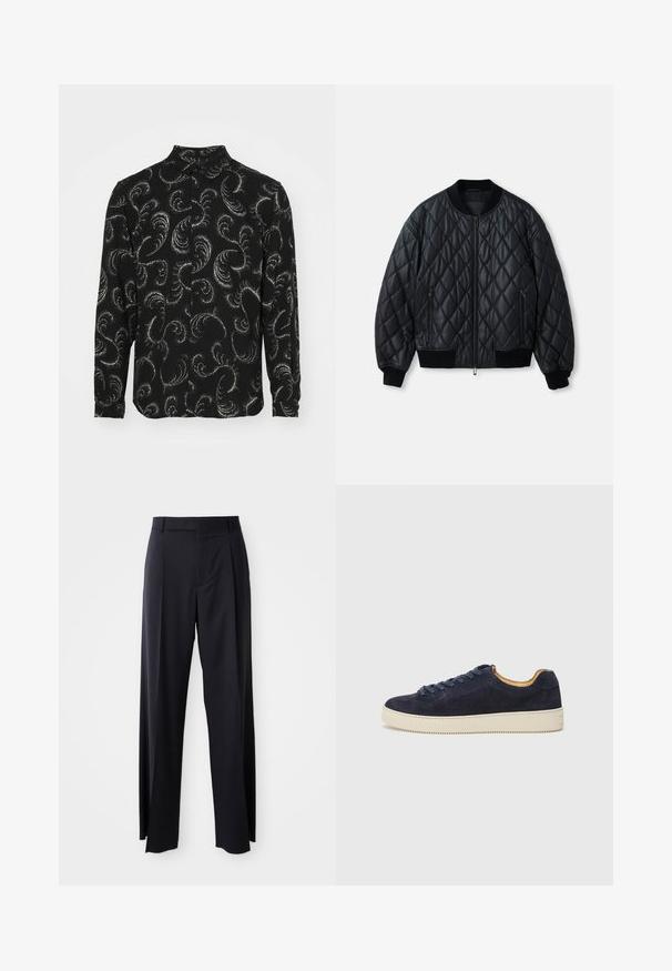 Čierna prešívaná bomber bunda s okrúhlym výstrihom, predným zipsom a rebrovanými pletenými manžetami a lemom. Vyrobená z hladkého, ľahkého materiálu.; Čierna košeľa na gombíky s bielymi vírivými paisley vzormi, dlhými rukávmi a klasickým golierom, vyrobená z ľahkej tkaniny.; Čierne, vysoké nohavice so širokým strihom, vyrobené z hladkej látky. Obsahujú predné skladby a pútka na opasok. Minimalistický dizajn, bez viditeľnej kovania.; Námornícky semišové nízkopoložené tenisky s okrúhlou špičkou, krémovou gumovou podrážkou a zodpovedajúcimi šnúrkami; majú kontrastnú hnedú vnútornú podšívku.