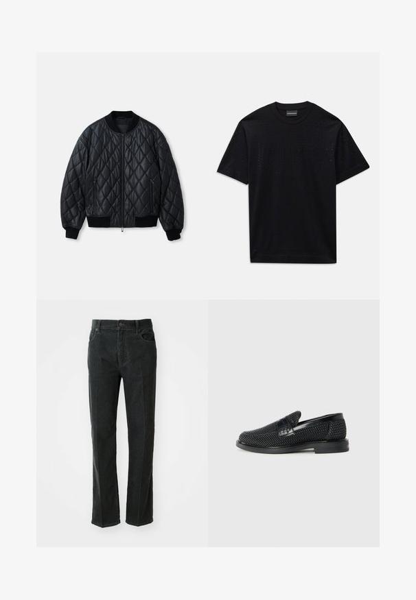 Black quilted bomber jacket with a round neckline, front zipper, and ribbed knit cuffs and hem. Made from smooth, lightweight material.; Black short-sleeve t-shirt with subtle perforated pattern and faint embossed logo across the chest, round neckline.; Black corduroy trousers with a straight-leg design, featuring a button closure, two front pockets, and vertical ribbed texture.; Black woven slip-on shoe with a smooth leather accent on the upper, a round toe design, and a low-profile rubber sole.