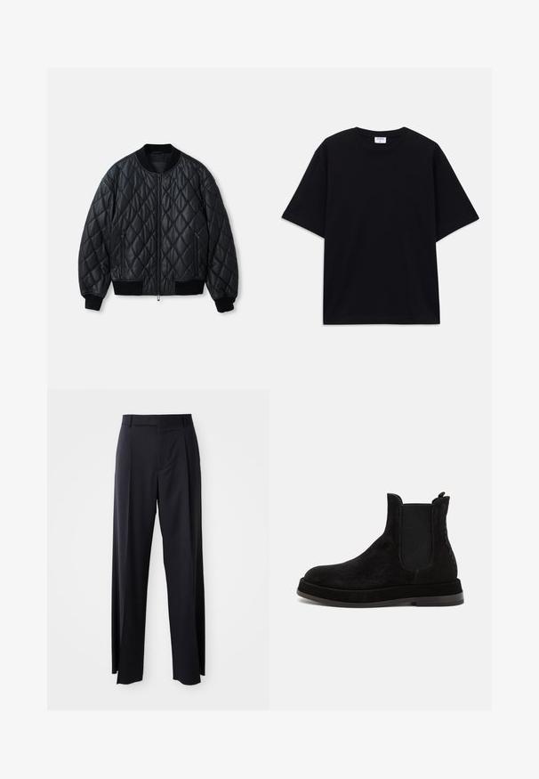 Chaqueta bomber acolchada negra con cuello redondo, cremallera frontal y puños y dobladillo de punto acanalado. Fabricada con un material suave y ligero.; Camiseta oversized de manga corta en negro con escote redondo y etiqueta de la marca Filippa K visible en el interior del cuello.; Pantalones negros de tiro alto con corte de pierna ancha, confeccionados en una tela suave. Presenta pliegues en la parte delantera y trabillas para cinturón. Diseño minimalista, sin hardware visible.; Botas Chelsea de ante negro con paneles elásticos laterales, puntera redonda y suela plana. El detalle texturizado en el lateral añade interés visual.