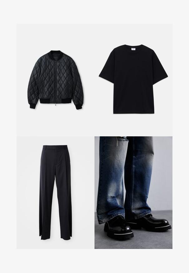 Must/kihisega bomber-jakk mustas värvitoonis, ümarate kaelustega, ees lukuga ning ribakootud mansettide ja alläärega. Valmistatud siledast, kergekaalulisest materjalist.; Must t-särk, lühikeste varrukatega, üle mõõdu, ümmarguse kaelusega ja nähtava Filippa K brändi sildiga kaelas.; Mustad, kõrge vöökohtaga püksid laia säärte lõikega, valmistatud siledast kangast. Omab ees plekke ja vöörihmade jaoks silmuseid. Minimalistlik disain, nähtavat riistvara pole.; Musta nahast kingad läikiva viimistlusega, paksu tallaga ja valge triibuga. Ühendatud kulunud siniste teksapükstega, mis näitavad kerget kahvatumist.