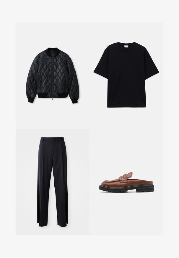 Schwarze, gesteppte Bomberjacke mit rundem Halsausschnitt, Frontreißverschluss und gerippten Strickbündchen sowie Saum. Hergestellt aus glattem, leichtem Material.; Schwarzes, oversized T-Shirt mit kurzen Ärmeln und rundem Ausschnitt, mit sichtbarem Filippa K Markenlabel im Kragen.; Schwarze, hoch taillierte Hose mit weitem Bein, aus glattem Stoff. Verfügt über vorne gelegte Falten und Gürtelschlaufen. Minimalistisches Design, ohne sichtbare Beschläge.; Marni SABOT - Slipper - cognac