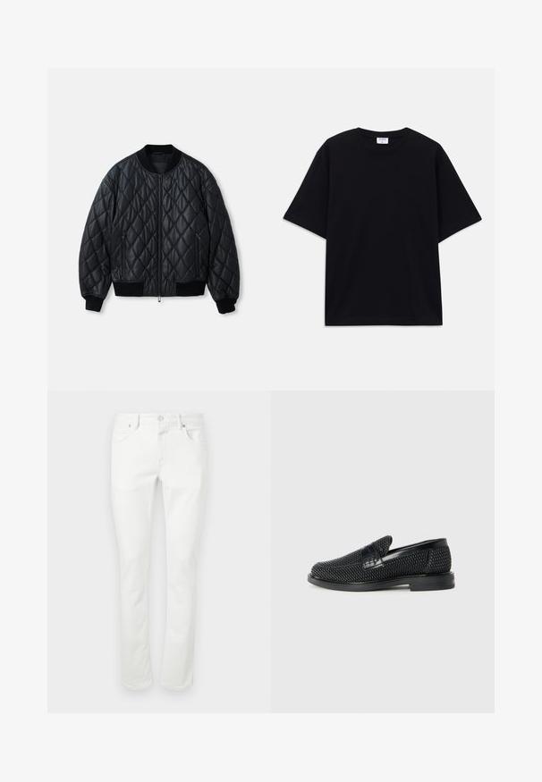 Svart quiltad bomberjacka med rund halsringning, dragkedja fram och ribbstickade muddar och nederkant. Tillverkad av ett mjukt, lätt material.; Svart kortärmad oversized T-shirt med rund halsringning och synlig Filippa K-märkesetikett inuti kragen.; Vita denimjeans med rak skärning, femficksdesign och metal knappstängning. Slät textur och minimala sömsdetaljer.; Svart vävd slip-on sko med en slät läderdetalj på ovansidan, med rund tådesign och en låg gummisula.