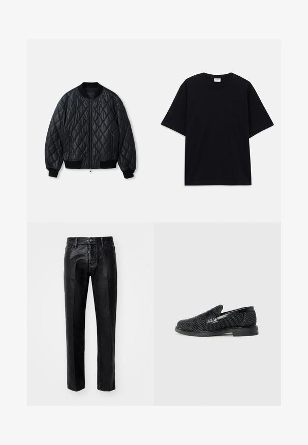 Black quilted bomber jacket with a round neckline, front zipper, and ribbed knit cuffs and hem. Made from smooth, lightweight material.; Black short-sleeve oversized T-shirt with round neckline and visible Filippa K brand label inside the collar.; Black denim jeans with a straight-leg design, featuring a button closure, front pockets, and a subtle texture. No visible patterns or accents.; Black woven slip-on shoe with a smooth leather accent on the upper, a round toe design, and a low-profile rubber sole.