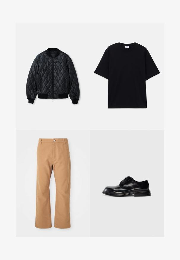 Zwarte gewatteerde bomberjack met een ronde halslijn, voorritssluiting en ribgebreide manchetten en zoom. Gemaakt van glad, lichtgewicht materiaal.; Zwarte oversized T-shirt met korte mouwen en ronde hals, met zichtbaar Filippa K merkelabel aan de binnenkant van de kraag.; Bruine katoenen broek met een recht ontwerp, voorzien van een enkele knoopsluiting en subtiele stiksels voor extra detail.; Zwarte leren nette schoen met een ronde neus, gladde afwerking, vetersluiting en een gestapelde hak. Minimalistische stijl zonder zichtbare logo's.