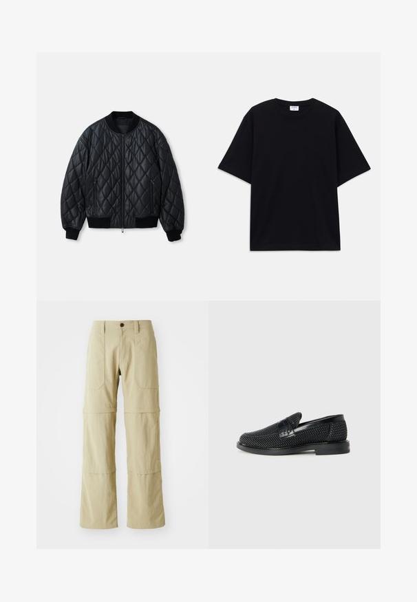 Veste bomber matelassée noire avec un col rond, fermeture éclair devant et poignets et ourlet en tricot côtelé. Fabriquée à partir d'un matériau lisse et léger.; T-shirt noir à manches courtes oversize avec un col rond et une étiquette de marque Filippa K visible à l'intérieur du col.; Pantalons cargo beiges avec une conception à jambe droite, deux poches avant et un ourlet zippé pour une longueur ajustable. Fabriqués en tissu léger.; Chaussure slip-on tissée noire avec un accent en cuir lisse sur le dessus, un design à bout rond et une semelle en caoutchouc à profil bas.