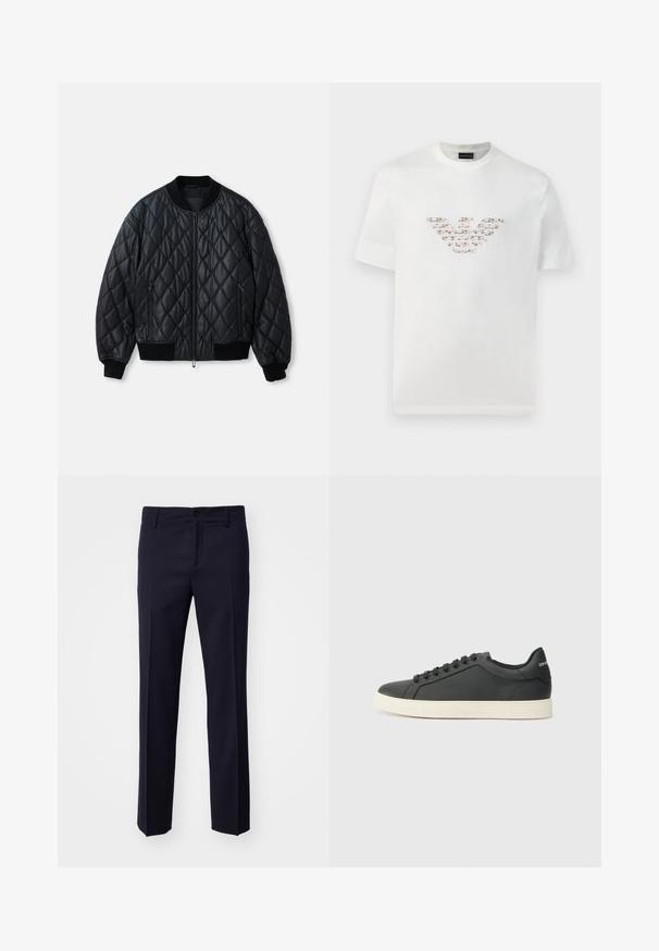Mustat tikatut bomber-takit, joissa on pyöreä pääntie, etuvetoketju ja ribattu neulospitkä hiha sekä helma. Valmistettu sileästä, kevyestä materiaalista.; Valkoinen puuvillapaita lyhyillä hihoilla ja pyöreällä kaula-aukkolla. Sisältää keskitetyn logosuunnittelun vaaleanpunaisissa ja ruskeissa sävyissä.; Sottrumpuhousut suoran leikkauksen omaavana, valmistettu teksturoidusta kankaasta, varustettuna nappisuljennalla ja vyölenkeillä, ilman näkyviä kuvioita tai yksityiskohtia.; Musta nahkakenkä, jossa on matala profiili, pyöreä kärki ja nauhakiinnitys; siinä on tekstiilipohja ja logoyksityiskohta kantapäässä.