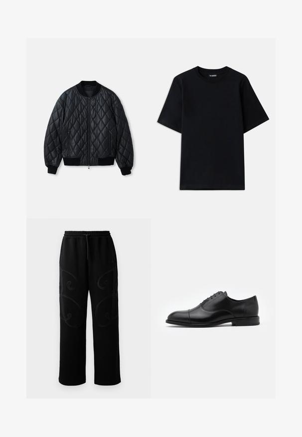 Casaco bomber acolchoado preto com decote redondo, fecho frontal e punhos e bainha em malha canelada. Feito de material suave e leve.; Camiseta de algodão preta com decote redondo e mangas curtas. Apresenta um discreto bordado do logótipo no lado esquerdo do peito. Textura lisa e suave.; Calças de treino pretas com um corte relaxado, apresentando padrões de costura em espiral intrincados nas laterais e uma cintura elástica com cordão.; Sapato social de pele preta com bico arredondado, design de atacadores e detalhes de costura discretos. Apresenta um salto baixo e uma textura suave.