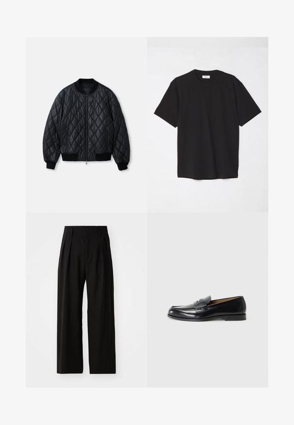 Black quilted bomber jacket with a round neckline, front zipper, and ribbed knit cuffs and hem. Made from smooth, lightweight material.; Black cotton t-shirt with a crew neck, short sleeves, and a relaxed fit. Simple design, smooth texture, and no visible patterns or logos.; Black wide-leg trousers with a smooth texture, featuring two front pleats, a button closure, and side pockets. Durable fabric.; Leather loafers in black with a smooth finish, rounded toe, decorative stitching, and a small metal accent on the front.