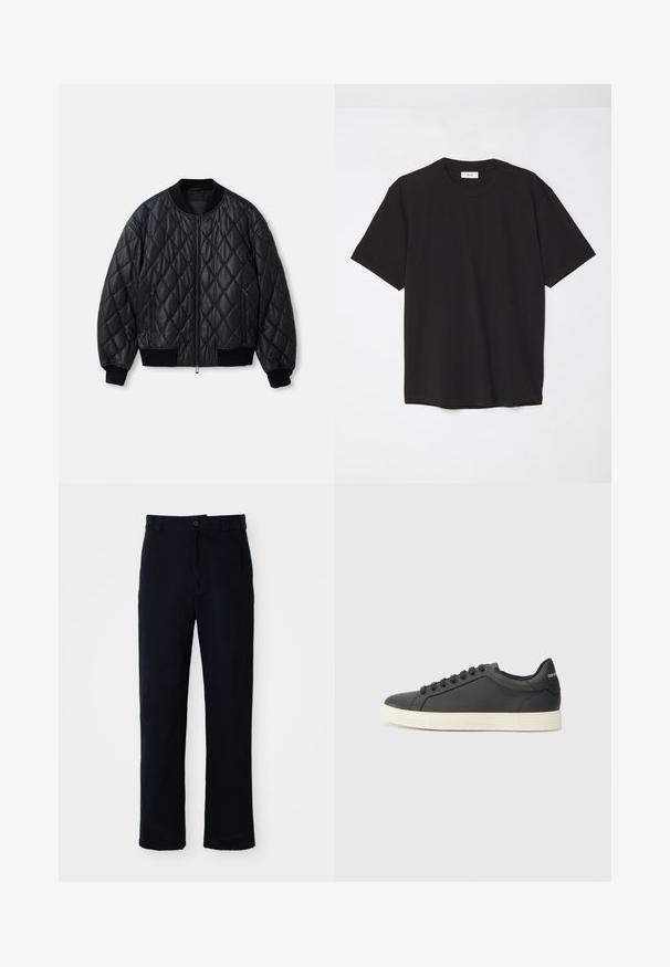 Svart quiltad bomberjacka med rund halsringning, dragkedja fram och ribbstickade muddar och nederkant. Tillverkad av ett mjukt, lätt material.; Svart bomulls t-shirt med rund hals, korta ärmar och avslappnad passform. Enkelt mönster, jämn textur och inga synliga mönster eller logotyper.; Mörkblå bomullsbyxor med rak bendesign, frontknappstängning och klassisk midja med bälteshällor.; Svart lädersneaker med låg profil, rund tå och snörning; har en texturerad gummisula och logotypdetalj på hälen.