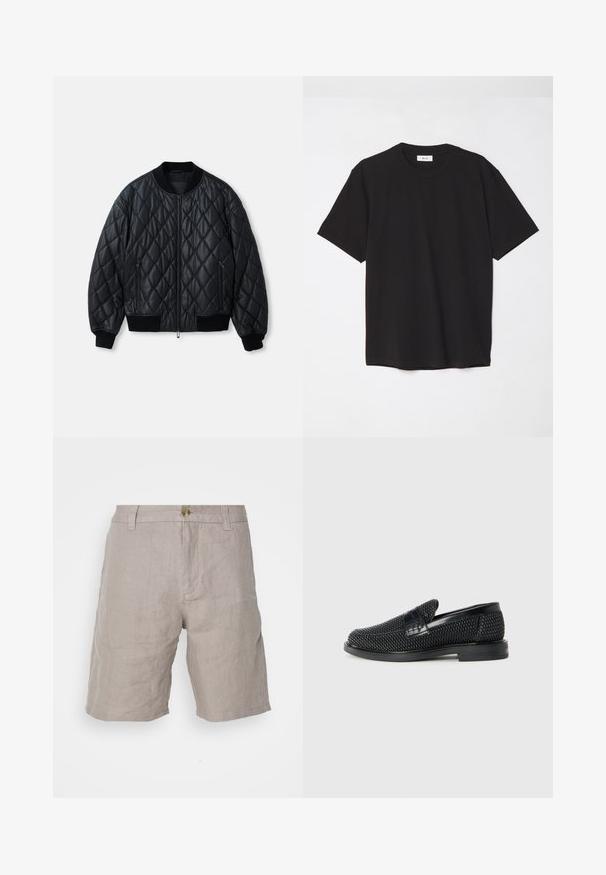 Black quilted bomber jacket with a round neckline, front zipper, and ribbed knit cuffs and hem. Made from smooth, lightweight material.; Black cotton t-shirt with a crew neck, short sleeves, and a relaxed fit. Simple design, smooth texture, and no visible patterns or logos.; Beige linen shorts with a relaxed fit, featuring a button closure, belt loops, and a smooth texture. No visible patterns or accents.; Black woven slip-on shoe with a smooth leather accent on the upper, a round toe design, and a low-profile rubber sole.