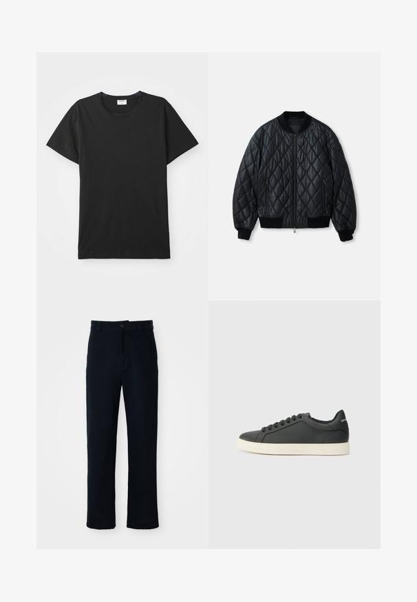 Chaqueta bomber acolchada negra con cuello redondo, cremallera frontal y puños y dobladillo de punto acanalado. Fabricada con un material suave y ligero.; Camiseta negra de manga corta con cuello redondo, hecha de tela de algodón suave. Diseño sencillo sin patrones ni acentos.; Pantalones azul marino de algodón, con un diseño de pierna recta, cierre frontal de botón y una cintura clásica con pasadores para cinturón.; Zapatilla negra de cuero con perfil bajo, punta redondeada y cierre de cordones; cuenta con una suela de goma texturizada y detalle del logo en el talón.