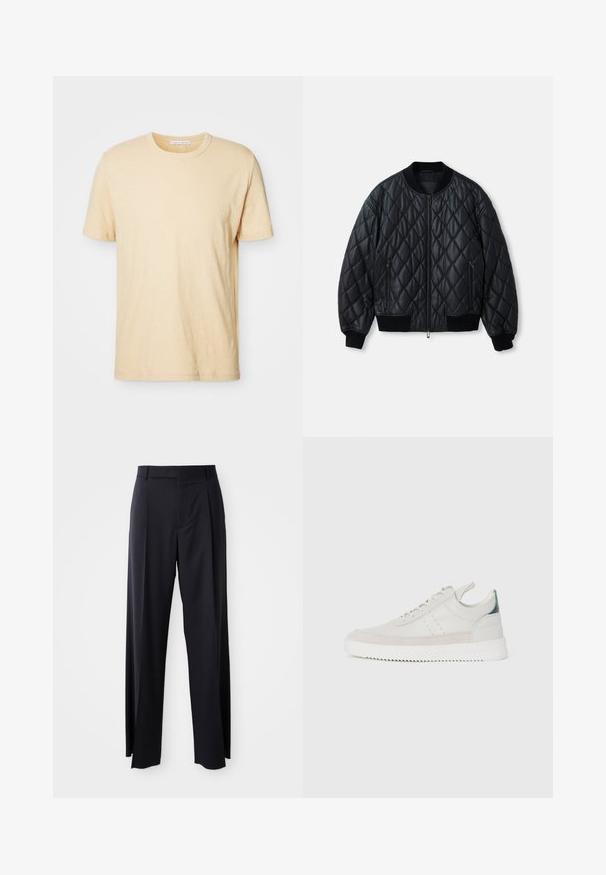 Casaco bomber acolchoado preto com decote redondo, fecho frontal e punhos e bainha em malha canelada. Feito de material suave e leve.; T-shirt de mangas curtas, cor creme, com gola redonda, feito de tecido suave, apresentando um design simples e sem adornos.; Calças pretas de cintura alta, com corte amplo, feitas de um tecido suave. Apresentam pregas frontais e passadores para cinto. Design minimalista, sem hardware visível.; Ténis brancos em pele com detalhes em camurça cinza, design de atacadores, com alça de puxar e sola de borracha texturizada com padrão em zigzag.